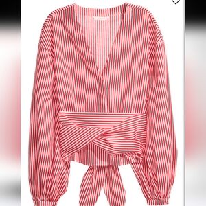 H&M Red And White Striped 100% Cotton Waist Wrap Long Sleeve Top Size 8